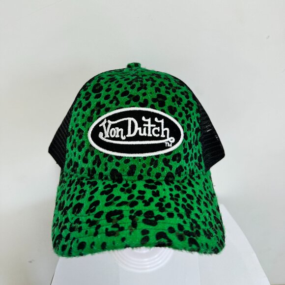 Von Dutch Trucker Hat Lime Green Cheetah Velvet Embroidered Logo Patch Snapback - Picture 1 of 5
